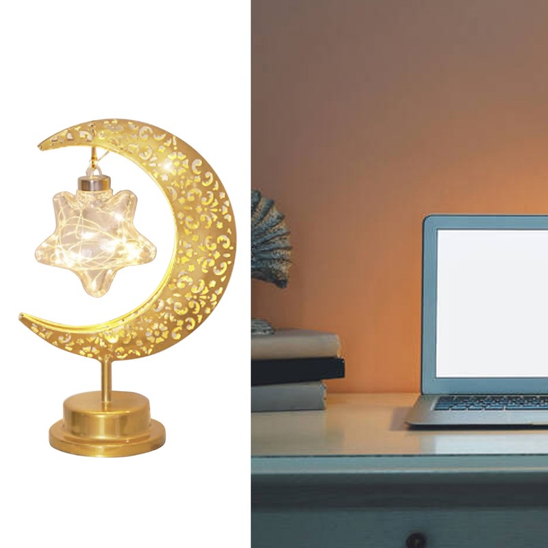 Tabletop Moon Lamp Iron Openwork Pattern LED Hanging Moon Shape