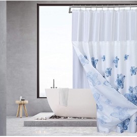 Waffle Weave Shower Curtain With Liner Set - Modern Bathroom Curtain With Mesh Top Window - Premium Quality Fabric Snap Design, 70.00" x 72.00", Water Flower Aqua