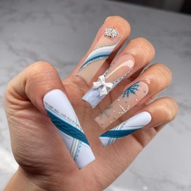 Christmas Press on Nails Long Coffin Fake Nails Blue False Nails with 3D Bow Snowflake Charms Design Glue on Nails Glossy Full Cover Stick on Nails Xmas Acrylic Nails for Women Winter Manicure 24Pcs