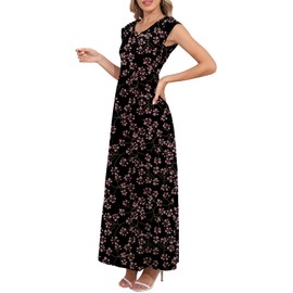 DB MOON Womens 2025 Summer Maxi Dresses Empire Waist Long Casual Sundress Cap Short Sleeve Dress with Pockets XL, Black Pink Floral