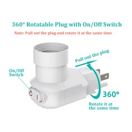 Borju Plug in Light Socket, Outlet to Socket Adapter, 360° Rotatable Plug with On/Off Switch, ETL Listed, White