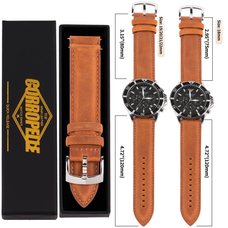 CORROPELLE Watch Band, Genuine Leather, Quick Release, 0.75, 0.7, 0.87,