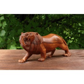 G6 Collection 12" Wooden Hand Carved Lion Statue Figurine Sculpture Art Decorative Home Decor Accent Lodge Wood Handmade Handcrafted Decoration Wild Animal (12" Long)