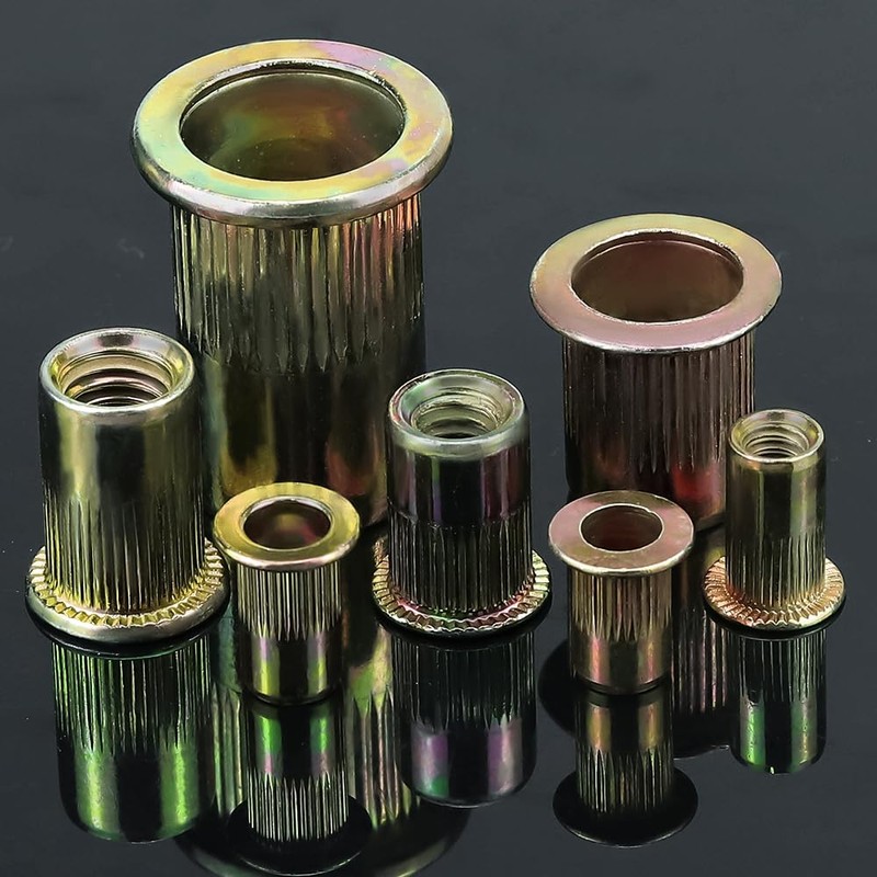 M12-1.75 Flat Head Rivet Nuts, Carbon Steel Yellow Zinc Knurled
