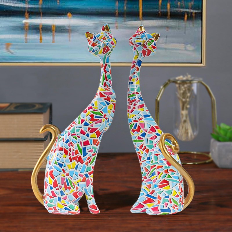 LIKEUDO Set of 2 Resin Cat Statues Sculptures Cat Figurine
