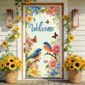 Spring Summer Hanging Door Cover, Welcome Photo Backdrop for Home Garden Indoor Outdoor Party Decor