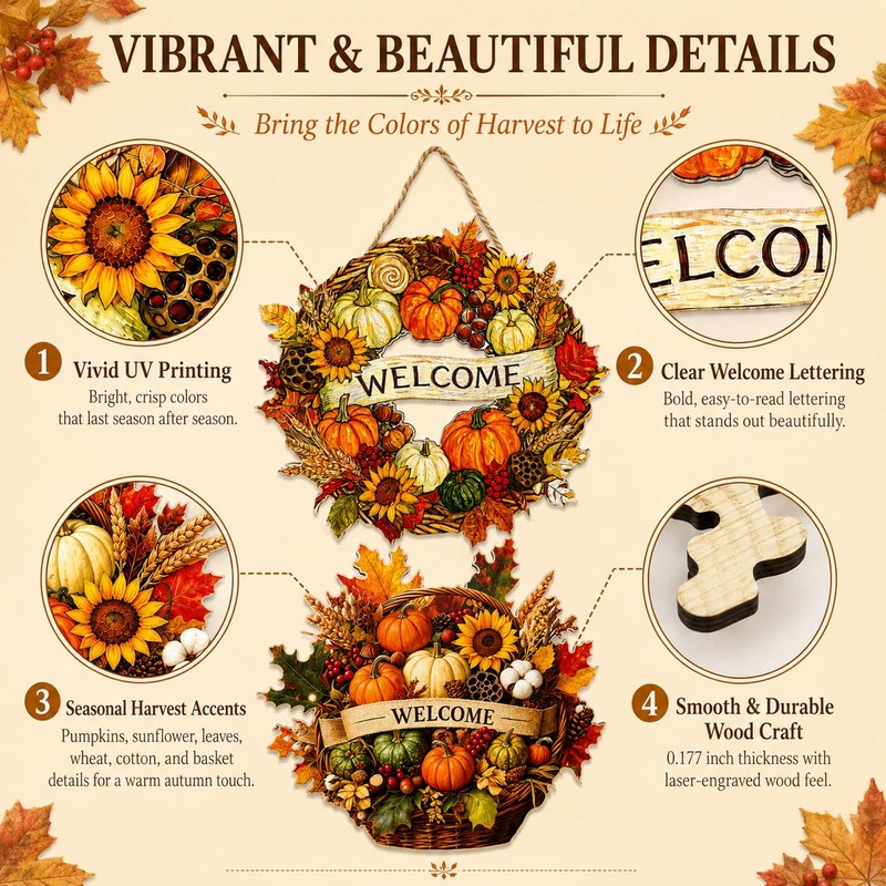 2-Piece Fall Door Decor Set, Welcome Wreath and Harvest Basket