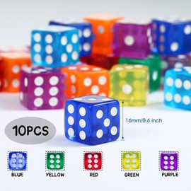 Set of 10 Colours Dice Set, 16 mm Acrylic Play Dice, Colourful Dice, Dice Games, Table Games