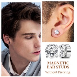 8 Pairs Stainless Steel Magnetic Earrings, Magnetic Zirconia Earrings for Men Women, 6MM/8MM Magnetic Clip On Stud Earrings, Round/Square CZ Inlaid Magnetic Earrings, Non-Piercing Stud Earring (8MM)