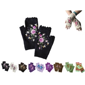 YAQUEKOU Hand Embroidered Fingerless Gloves Women's Winter Flowers Embroidery Arm Warmers Gloves Women's Pulse Warmer Knitted Hand Warmers Short Knitted Half Fingerless Mittens Fingerless Hand Warmer,