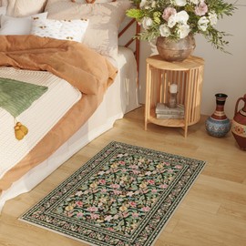 Vowkten Door Mat Indoor Entrance 2x3 Rug Machine Washable Vintage Floral Small Area Rug Non-Slip Low Pile Throw Rugs for Entryway, Kitchen, Front Door Indoor Entrance, Entry, Kids Room, Green