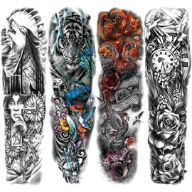 Briyhose Animal Floral Temporary Sleeve Tattoos For Women Leg, Large Full Arm Flower Wolf Tiger Fake Tattoo Sleeve Adult Girl, Realistic Phoenix Clock Temp Tatoo Sticker Thigh Body Art Makeup, 4-Sheet