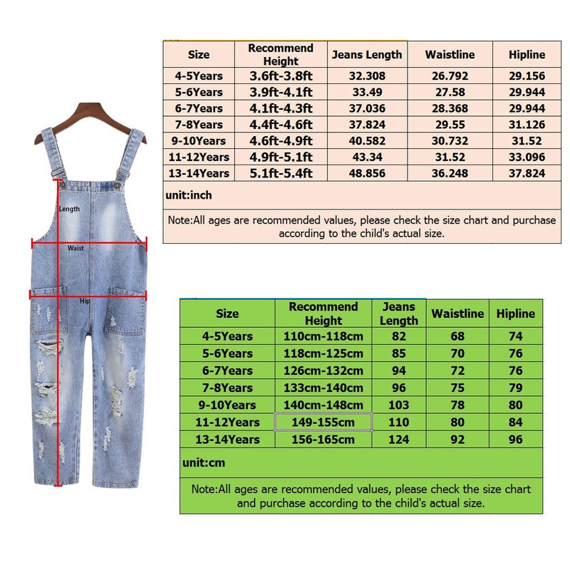 Yao 3-14Years Girls Jumpsuit&Rompers Bib Overalls Adjustable Distressed Denim Jeans(Basic,4-5y)