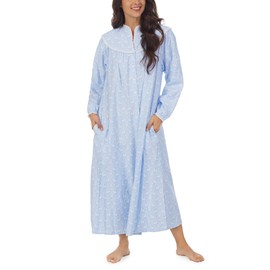 Lanz of Salzburg Sleepwear for Women Classic Long Sleeve Open Neck Soft Flannel Pajama Nightgown - Blue Nordic Tyrolean, Medium