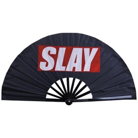 Large Folding Fan Rave Hand Fan Chinese Kung Fu Tai Chi Craft Fan for Men Women Wedding Festival Birthday Party Decorations Dance Performance (1, Black - SLAY)