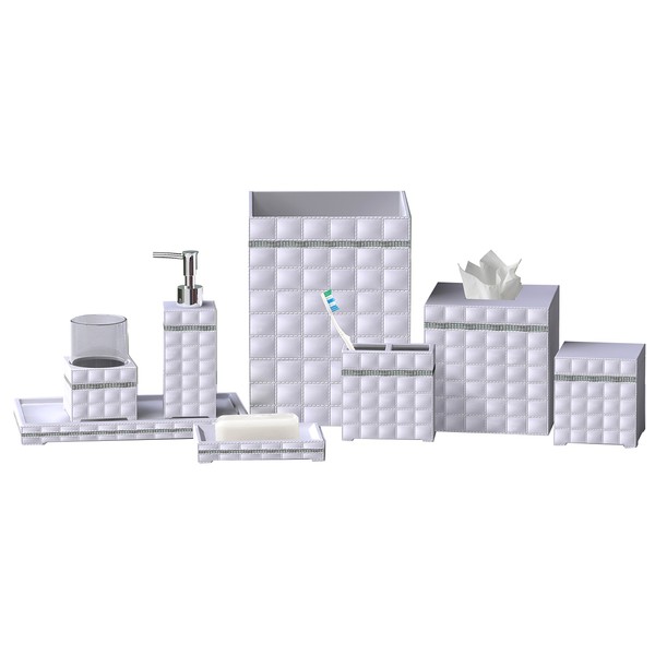 nu steel White Giraffe Bath Accessory Set for Vanity Countertops 8 Piece Includes Cotton Container, Dish,Toothbrush, Tumbler,soap Lotion,Waste Basket,Tissue Box Holder,Tray-Resin