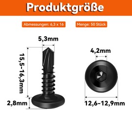 Dayalo Pack of 50 Self-Tapping Screws, Flat Head Hex Socket Screws, 6.3 x 16 mm Drilling Screws, Stainless Steel A2 V2A, Tapping Screws, Self-Drilling Screws, Black, with Screwdriver Bit