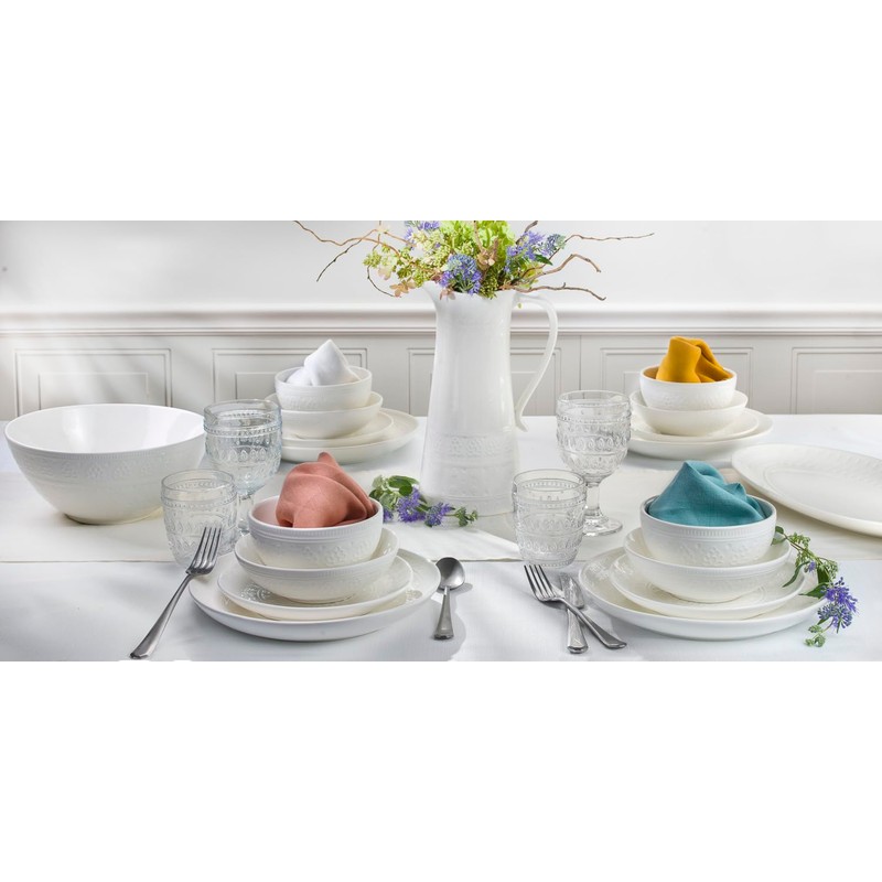 Euro Ceramica Fez Collection Stoneware Durable White 16-Piece Double Bowl