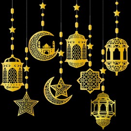 Ramadan Decorations for Home,Ramadan Decorations,8 Pcs Garland Ramadan Decor for Home Ramadan Backdrop,Gold Circle Garland Ramadan Banner Star Moon Lantern for Wedding Birthday Islam Party Decor