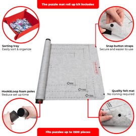 Marbs Puzzle Mat Roll Up with Guiding Lines for 500,1000,1500 Pieces. Roll Your Jigsaw Puzzle in 30sec - Portable Storage Mat 24"x46" with 2 Foam Poles, 3 Fastening Straps, Sorting Tray & Storage Bag