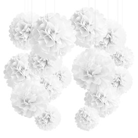 YBwanli Pack of 24 White Pompoms, Wedding Decoration, School Decoration, Tissue Paper Pompoms, Christening Confirmation Decoration, Communion Decoration for Birthday, Wedding, Valentine's Day (White)