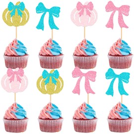 24 PCS Pumpkin Bow Cupcake Toppers for Boy or Girl Gender Reveal Baby Shower Birthday - Pink or Blue Decorations Picks Supplies