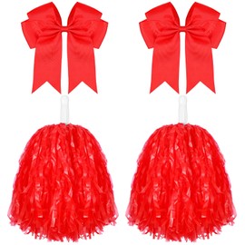 Knitgrip 4 Pcs 10" Cheerleading Pom Poms Large Cheerleader Hair Bow for Girl Set Cheer Pompoms Cheerleading Accessories for Dance Sports Events Party Basketball Football Team(Red)