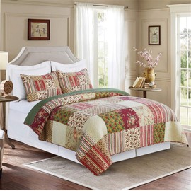 C&F Home Ember 3 Piece Green Red and Tan Patchwork King Quilt Set Quilt and Sham Bedding Set King 3 Piece Set Green