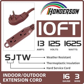 HONDERSON 3-Outlets Flat Plug Indoor Extension Cord Outlet Extender, UL Listed, 16 Gauge 10FT Brown 3 Prong Heavy Duty Extension Cord Multiple Outlets, 16/3 SJTW 13A Flat Plug Power Strip
