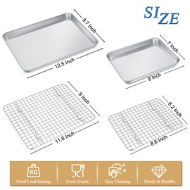 P&P CHEF Toaster Oven Pans Trays with Racks Set, 4 PCS (2 Pans + 2 Racks), Stainless Steel Small Baking Pan and Cooling Rack for Oven Baking Cooking, Healthy & Easy Clean, 2 Sizes - 12.5” & 9”