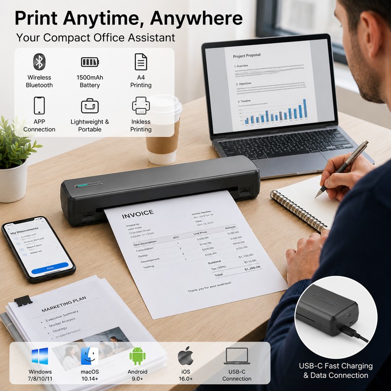 Portable A4 Thermal Printer for Travel & Work – Inkless