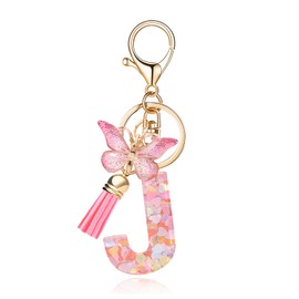 QUKE Fashion Alphabet Initial Letter Keychain Pink Tassel Butterfly Pendant Key Ring for Purse Schoolbags Women Girl - J