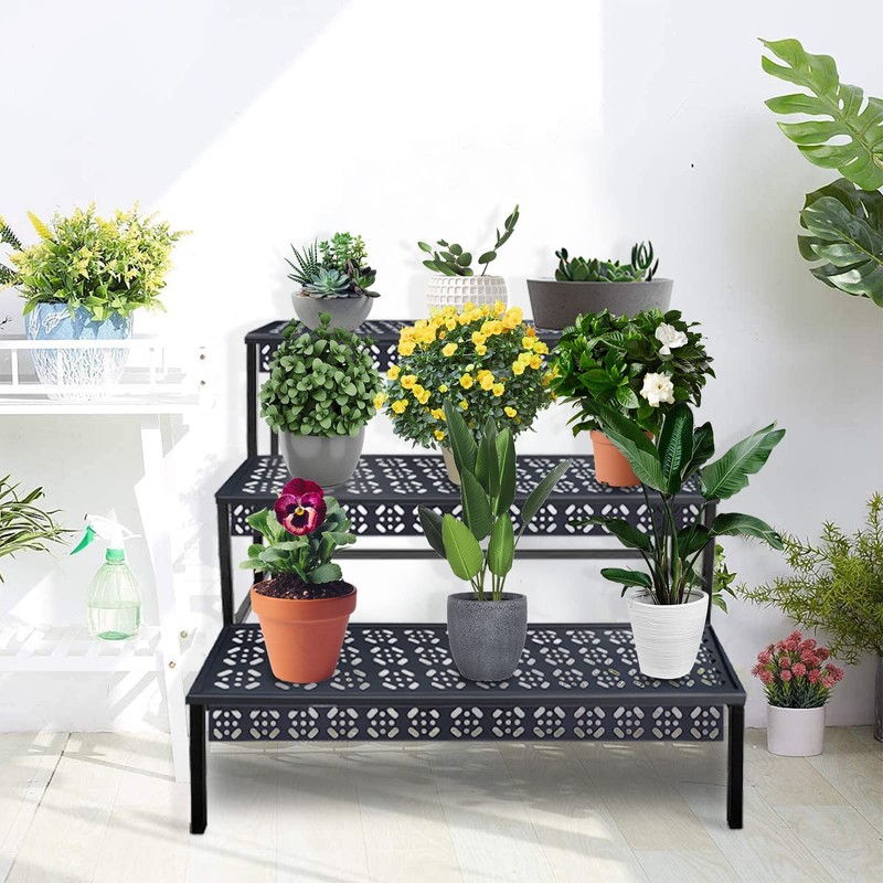 aboxoo 3 Tier Stair Style Large Metal Plant Stand, Garden