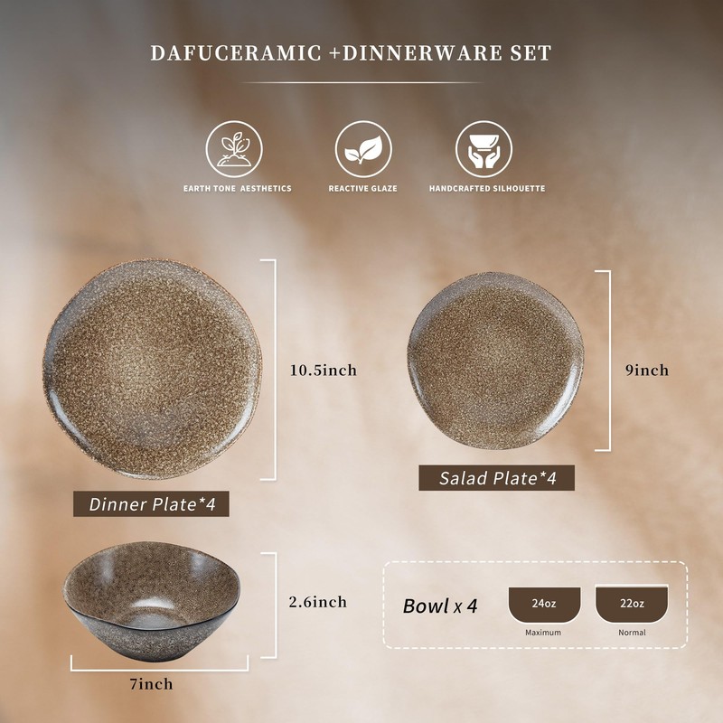 Dafuceramic 12PCS Stoneware Dinnerware Sets, Plates and Bowls Dish Set
