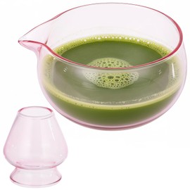 Toyosport Matcha Bowl and Whisk Holder Set, Clear Pink Glass Matcha Bowl with Drip-Free Spout and Glass Whisk Stand, Elegant Matcha Tea Ceremony Set for Daily Matcha Preparation Serving