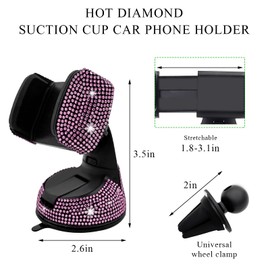 Wevdn Phone Holder for Car, 360° Rotatable Sparkling Diamond Phone Mount with Suction Cup Base, Rhinestone Phone Holder for Dashboard Air Vent Windshield, Universal Car Accessories (Pink)