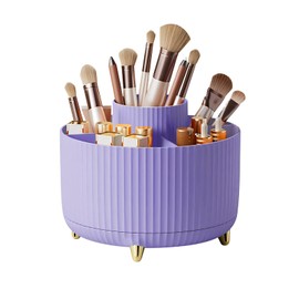 DASITON Large Capacity Makeup Brush Holder,360° Rotating Makeup Organizer,5 Slot Makeup Brushes Cup,for Vanity Decor,Bathroom Countertops,Desk Storage Container,Cosmetic Display cases(Purple)