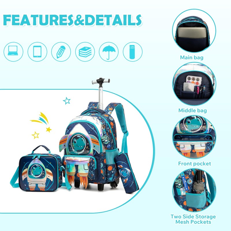Kids Rolling Backpack for Boys Space Shuttle Trolley Suitcases Luggage