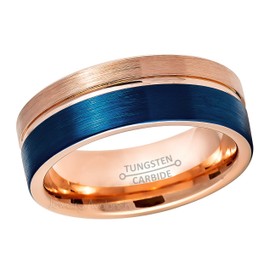Jewelry Avalanche Blue & Rose Gold Tungsten Carbide Ring - 8mm Brushed Finish Pipe Cut Comfort Fit Tungsten Wedding Band - 2-tone Anniversary Ring - #878s12.5