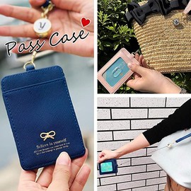 Reelable Initial Name Pass Case, Card Holder, Extendable, Reel, ID Case, Card Case, Card Case, with Strap, Smile, Niko-chan Ribbon Design (Navy [Fabric Design (same material fabric as the main body)])