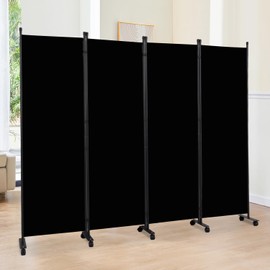 Room Divider 6FT Room Partition with Lockable Wheels,4 Panel (Thicked Metal Base) Room Dividers, Freestanding Indoor Folding Privacy Screens, Portable Fabric Wall Divider for Room Separation, Black