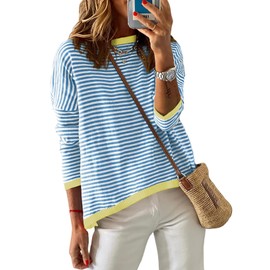 DUOEASE Women's Striped Knitted Pullover Long Sleeve Autumn Crew Neck Sweatshirt Cotton Tops, blue gels