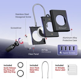 PROfezzion Metal AirTag Holder, AirTag Secure Holder Case with Key Rings, Metal Wire Cable and Name Tags, Aluminum Hard Shell AirTag Case for Luggage, Suitcase, Backpack, Keychain - Black