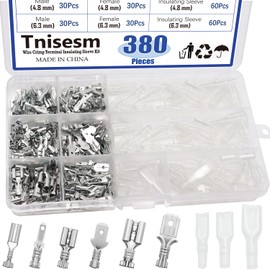 Tnisesm 380Pcs Quick Splice 2.8/4.8/6.3mm Male and Female Wire Spade Connector Wire Crimp Terminal Block with Insulating Sleeve Assortment Kit for Car Audio Speaker Electrical Wiring TN-T02