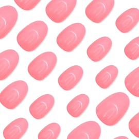 Short Press on Nails Oval Round Fake Nails Almond RIICFDD False Nails Artificial Glossy Stick on Nails with Pure Color Designs Full Cover Glue on Nails for Women Acrylic Nails 24 Pcs (Sakura Pink)