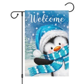 Louise Maelys Welcome Winter Garden Flag 12x18 Double Sided, Burlap Small Snow Penguin Garden Yard House Flags for Winter Outside Outdoor Decoration (ONLY FLAG)