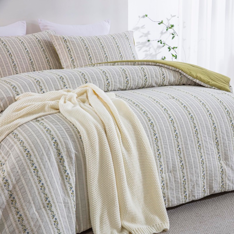 Purefair 100% Cotton Jacquard Comforter Set, Striped Floral Print, Soft