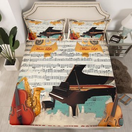 Musical Notes Piano Fitted Sheet Queen Size,Violin Print Bedding Set Rock Roll Music Themed Bed Sheet Kids Boys Girls Room Decor,Vintage Old Newspaper Hippie Music Deep Dacket Sheet,2 Pillowcases