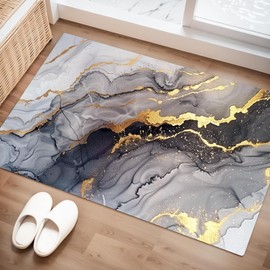 EDGZKO Grey and Gold Marble Rugs: 2x3 Feet Abstract Black Gold Area Rug Modern Small Floor Mats Living Room Accent Carpet Washable Doormat for Entryway Indoor Patio Bedroom Kitchen