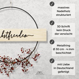 SKONIDA Autumn Wreath Modern - Door Sign Made of Natural Material Wood & Metal Ring 30 cm - Decorative DIY Door Wreath with 3D Lettering for Hanging - Wooden Wreath for Dried Flowers - Vintage Wall